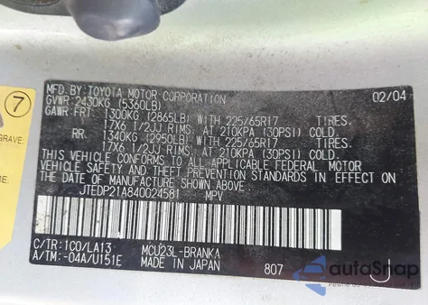 2004 Toyota Highlander Limited V6 z USA, uszkodzony, nr VIN JTEDP21A840024581